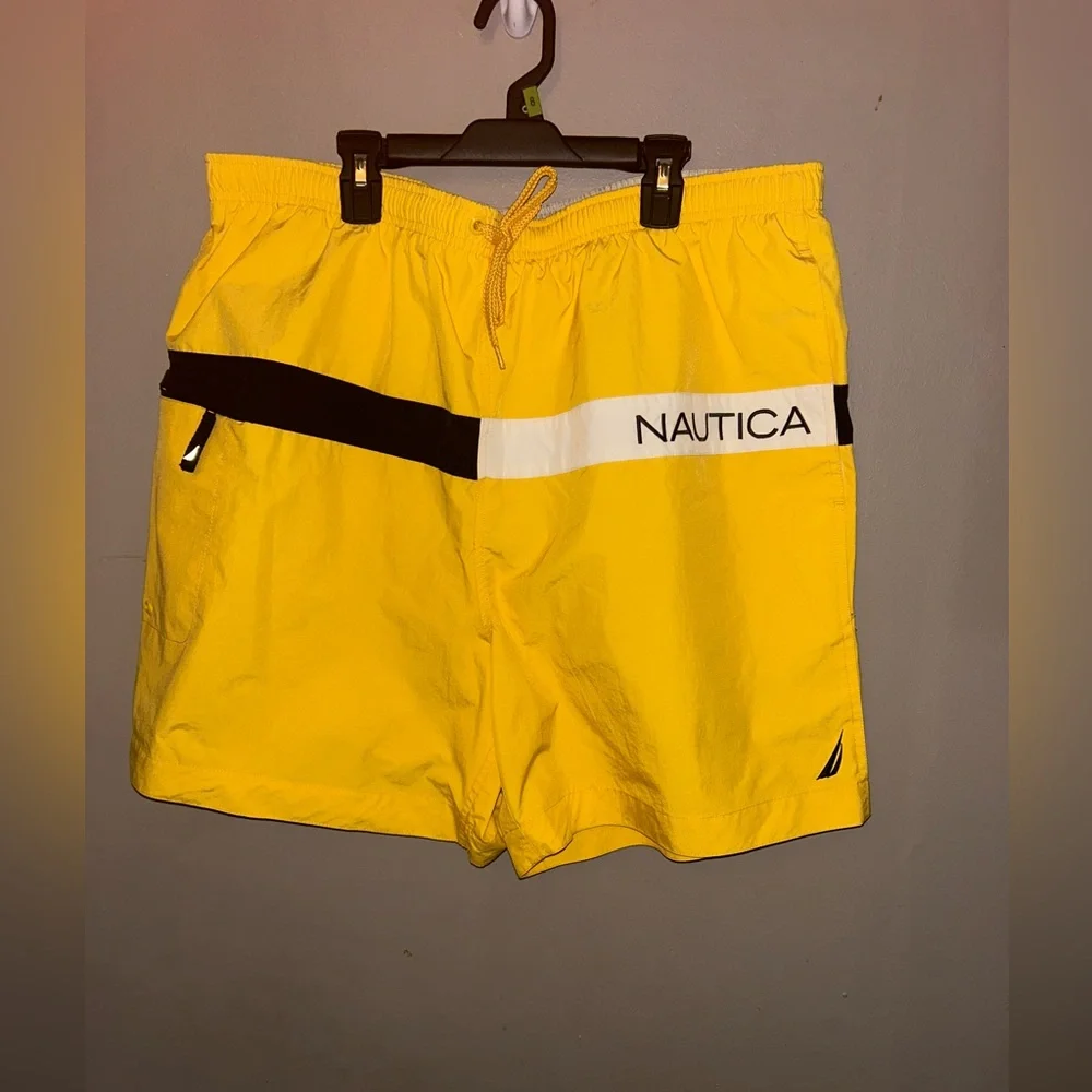 Vintage Nautica Swim Trunks - yellow/navy/white flag spell out lined